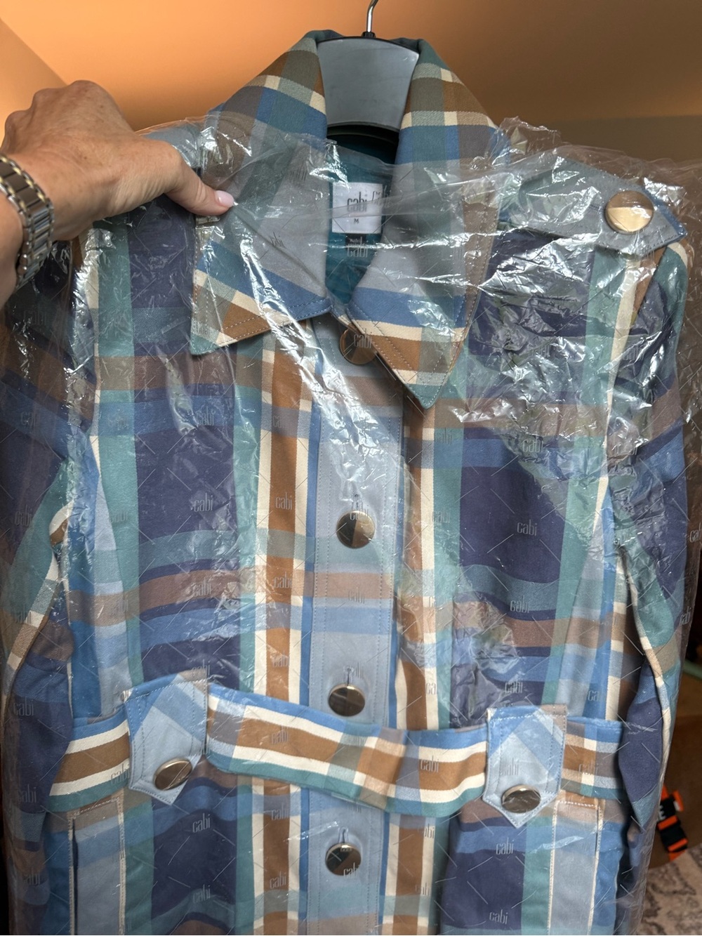 CAbi Plaid Trench Coat in Blue, Brown & Cream “Highclere Trench”  size M